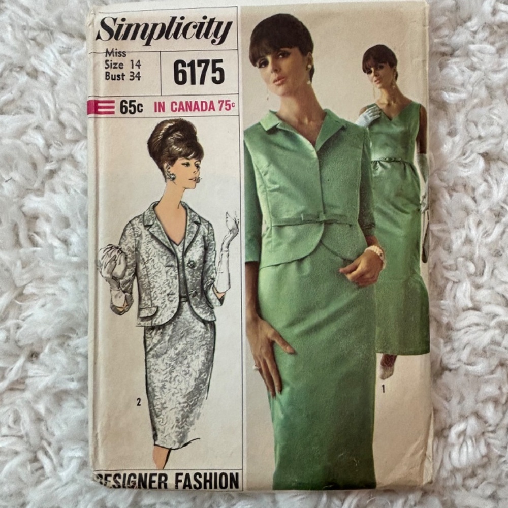 Vintage 1960's Simplicity 6175 Size 14 Designer Fashion Dress and Jacket Pattern